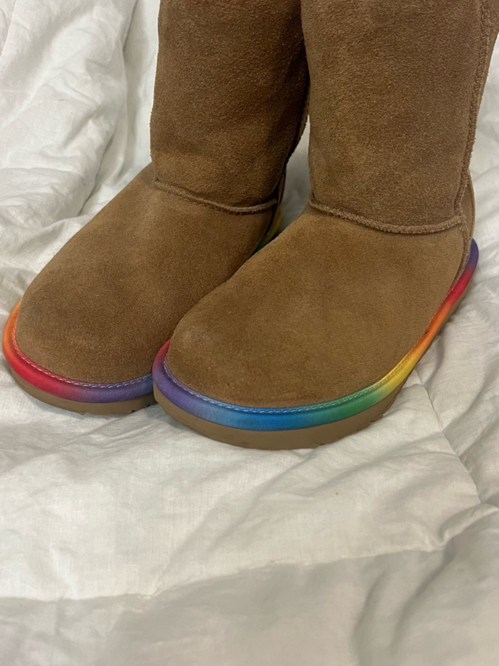UGG Kids Chestnut Suede Boots with Rainbow Sole Trim
